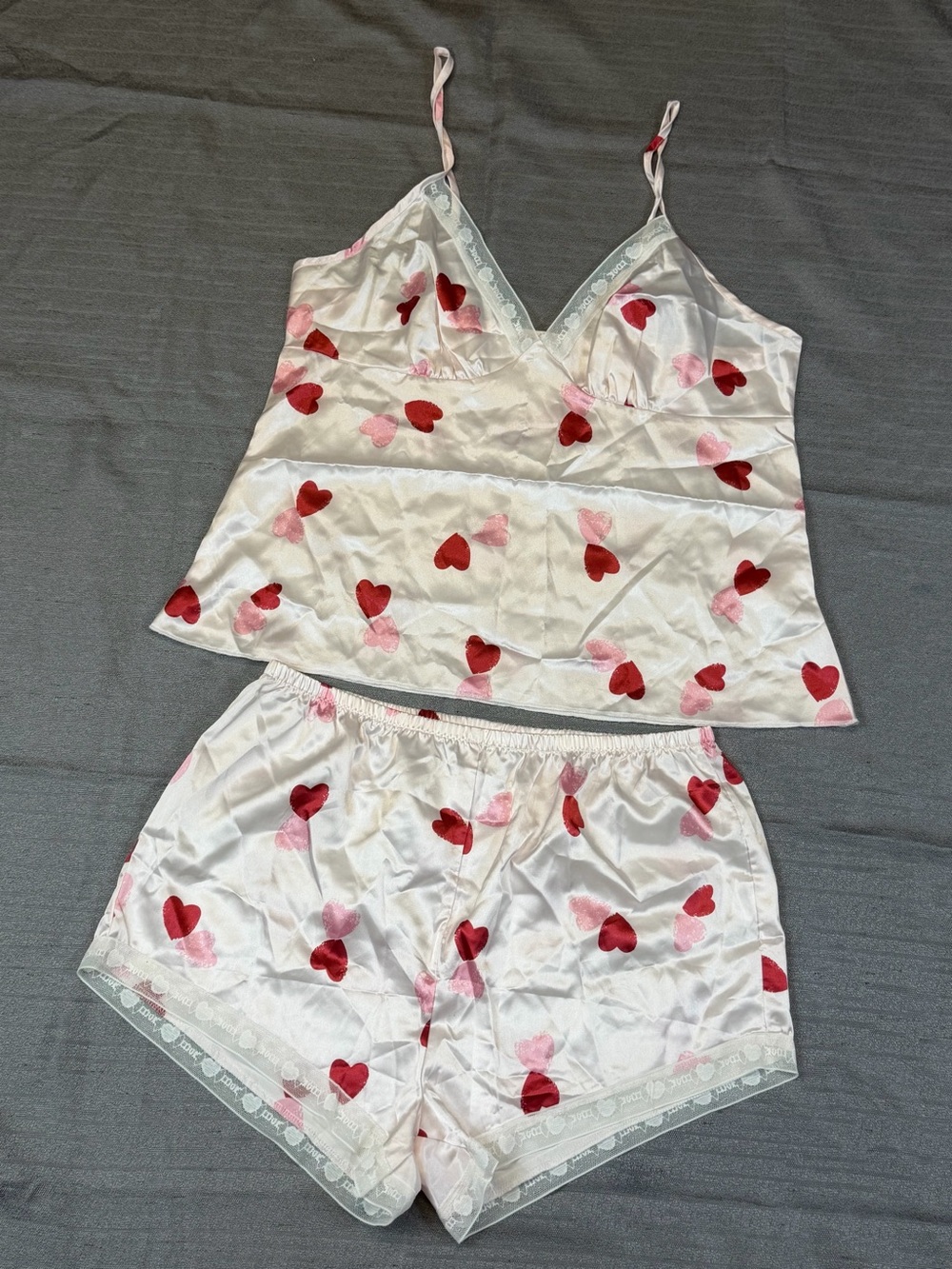 Pink Satin Heart-Print Chemise & Short Set
